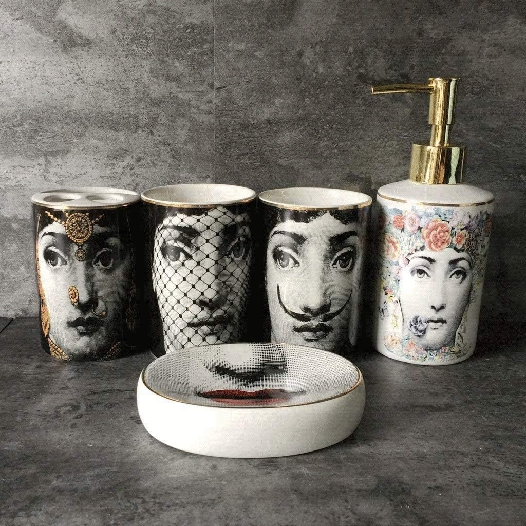 Soap Dispenser Five-Piece Bathroom Accessories Set Toiletries Toiletries Soap Dispenser Toothbrush Holder Tumbler Soap Box，Ceramic Fashion Vintage Pattern Liquid soap Dispenser image 2