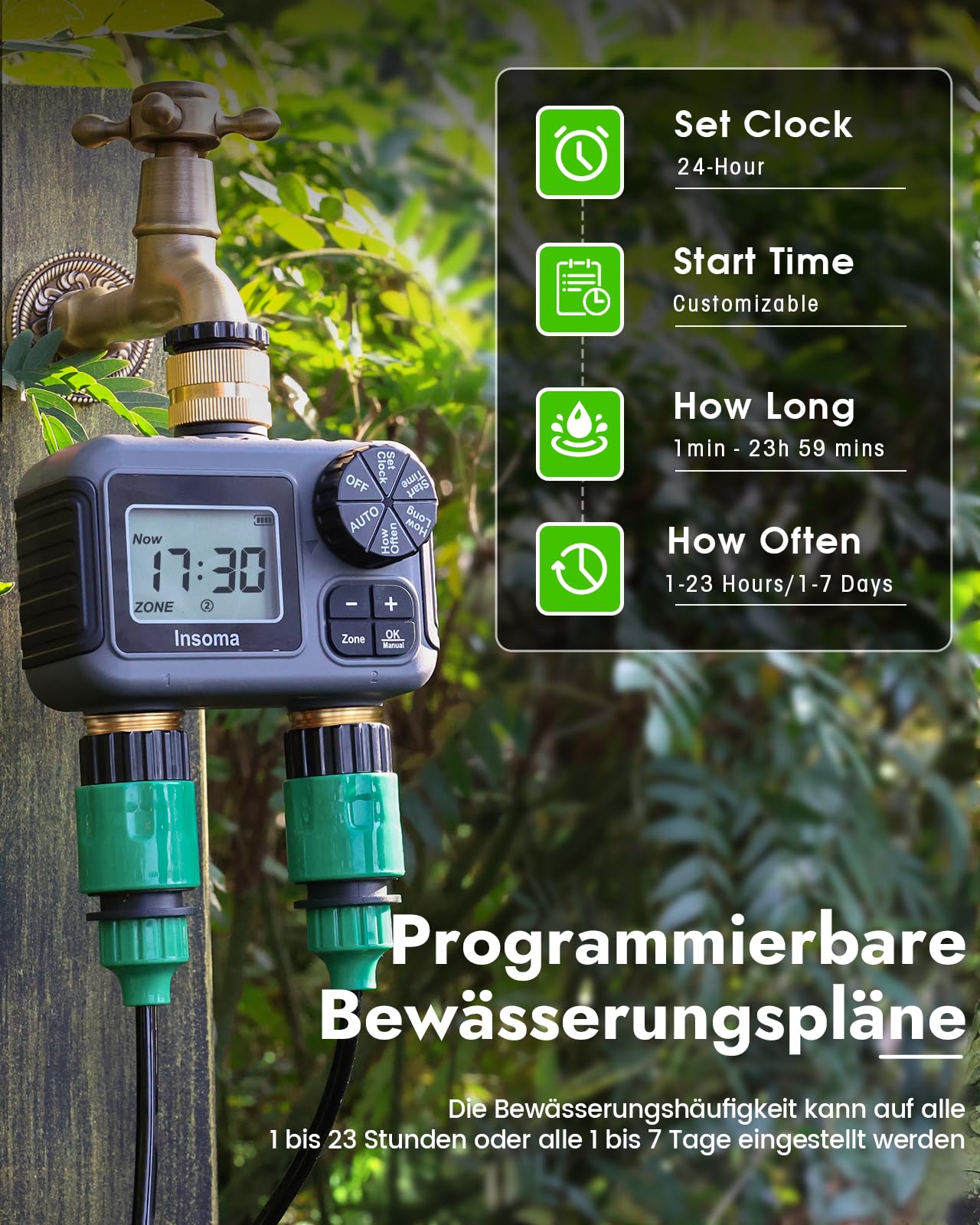 Insoma 2-Zonen-BewäSserungstimer Mit Messing-Ein-/Auslass, Programmierbarer Schlauchtimer Mit Automatik-/Manuell-Modus Und RegenverzöGerung, BewäSserungstimer FüR Garten, Rasen, Hof | IP55 Wasserdicht