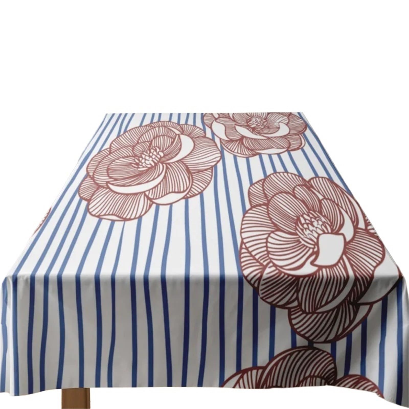 HEUchuan Striped Tablecloth Blue Striped Tablecloth Set With Red Floral Design For Dining Room Decoration Cotton Material, For Kitchen Deco for Home Kitchen Decoration(160X220CM)