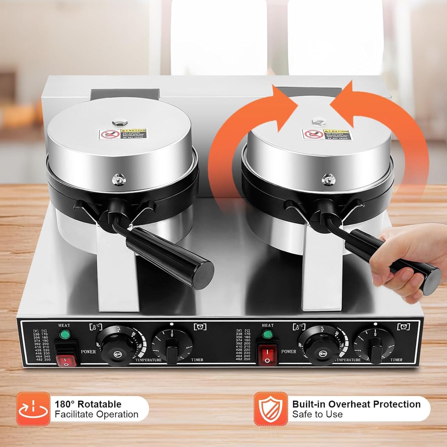 Gofrera Comercial, 2400 W, Acero Inoxidable, Doble Cabezal Giratorio, Antiadherente, Molde Redondo Para Gofres Belgas, Ideal Para Hornear Y Preparar Desayunos En Panaderías, Restaurantes Y Bares.