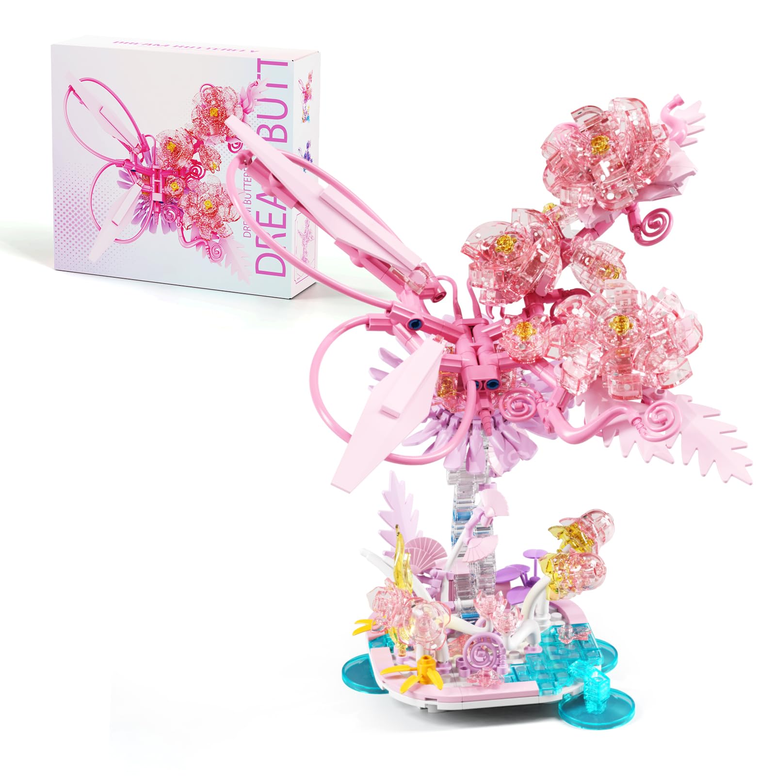 Crystals Flowers Botanical Collection - 490 Pcs Building Set With Pink Transparent Crystal Flowers