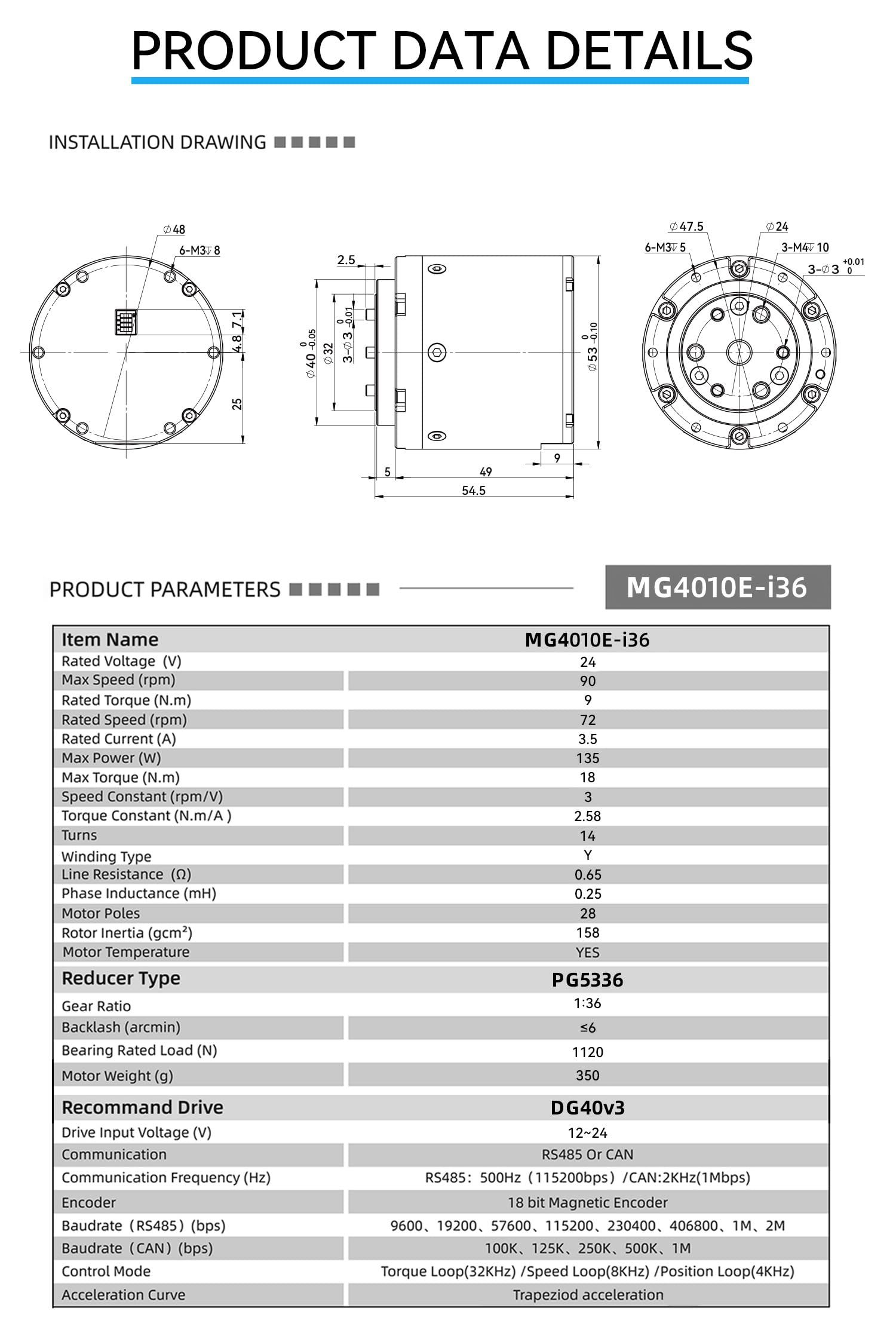 Servomotor MG4010E-i36 V3 24V CAN RS485 Doble Codificador Brazo Robótico