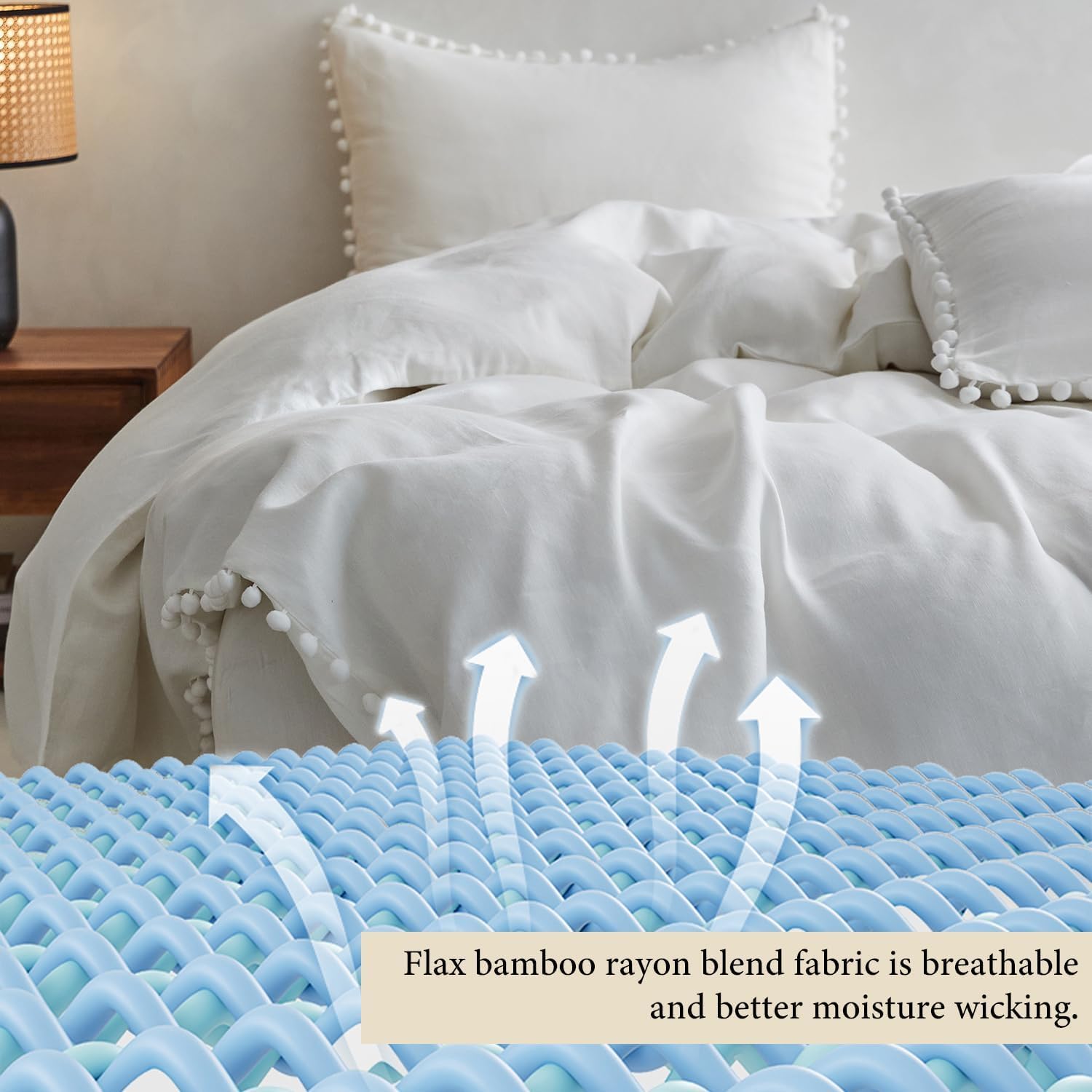 Simple&Opulence French Linen Blended Duvet Cover King, Flax Viscose Derived from Bamboo Bedding Set with Pom Pom Trim Soft Cooling for Hot Sleepers, 1 Boho Comforter Cover and 2 Pillow Shams, White