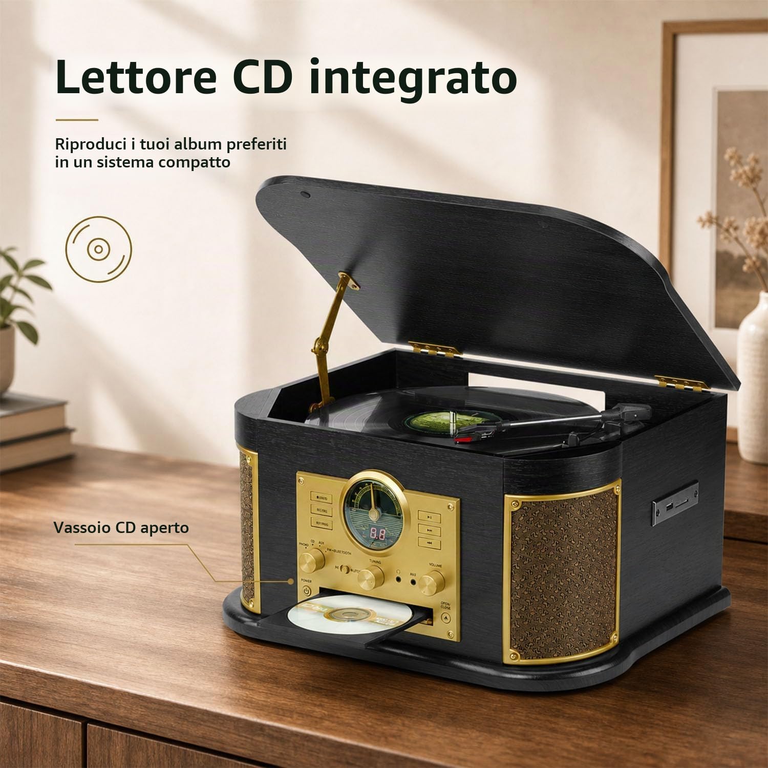 Giradischi retrò 10‑in‑1 con Bluetooth, CD, radio FM, USB/SD per registrare vinili, altoparlanti integrati, ingresso AUX e uscita RCA
