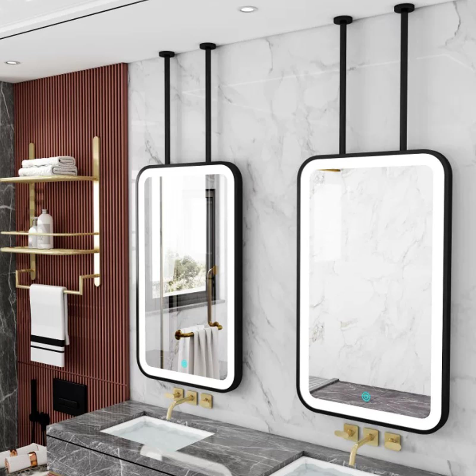 FGXHHS Modern Black LED Mirror｜Ceiling Hanging Suspended Mirrors with Metal Framed｜Wall Mounted Bathroom Vanity Makeup Mirror 3 Colors Dimmable Strip Light｜Customizable(50cmx70cm)