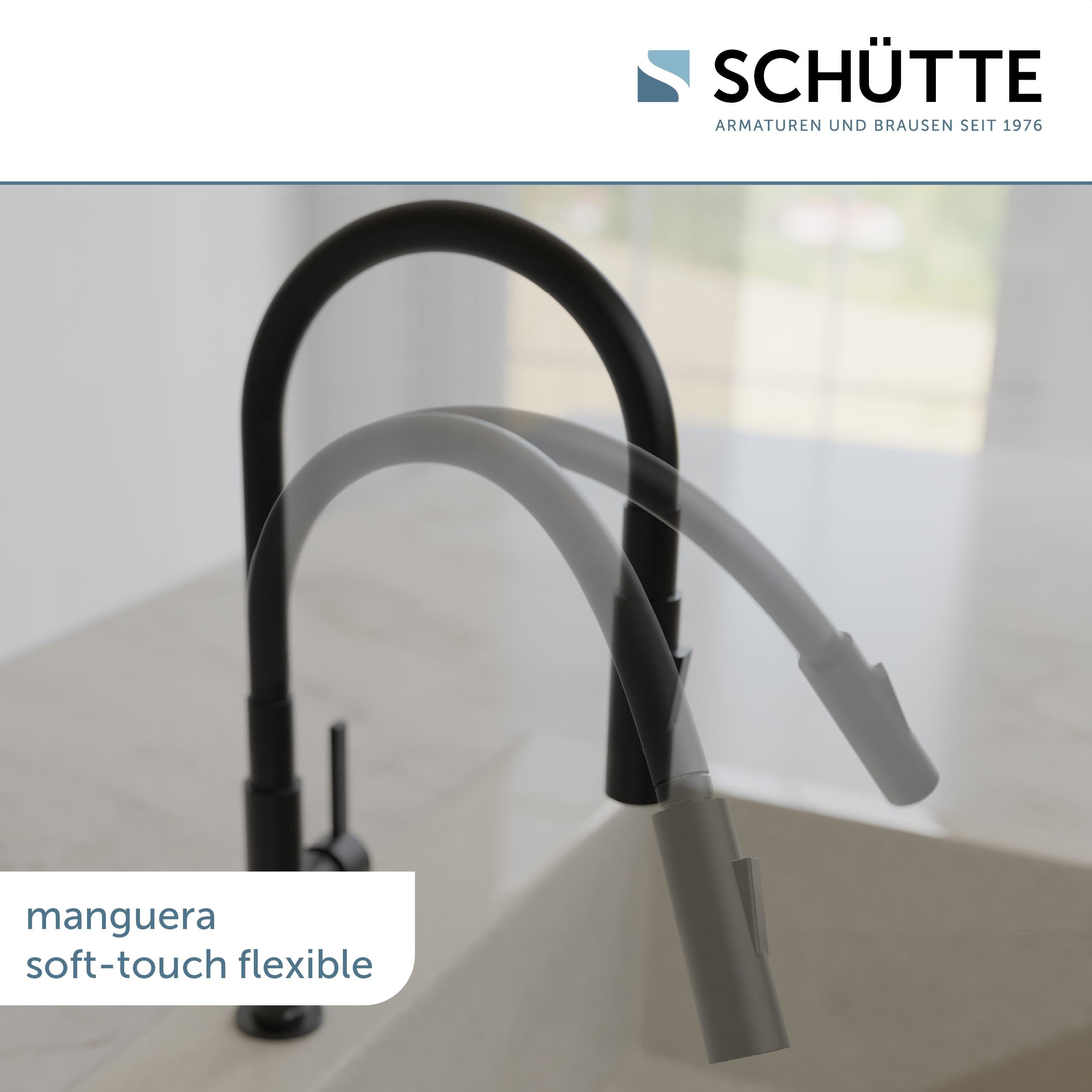 SCHÜTTE GLASGOW 79586 - Grifo flexible para fregadero con función Eco-Click, grifo flexible para la cocina negro, caño con manguera de tacto suave, giratorio 360 grados, grifo de cocina