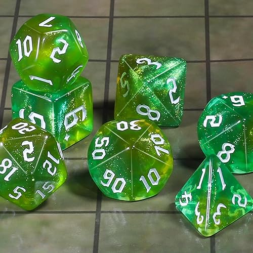 Miniatura 2 de CiaraQ DND - Juego de dados poliédricos para juegos de rol de Dungeons and Dragons RPG MTG, con 1 bolsa de dados (verde con amarillo + purpurina)