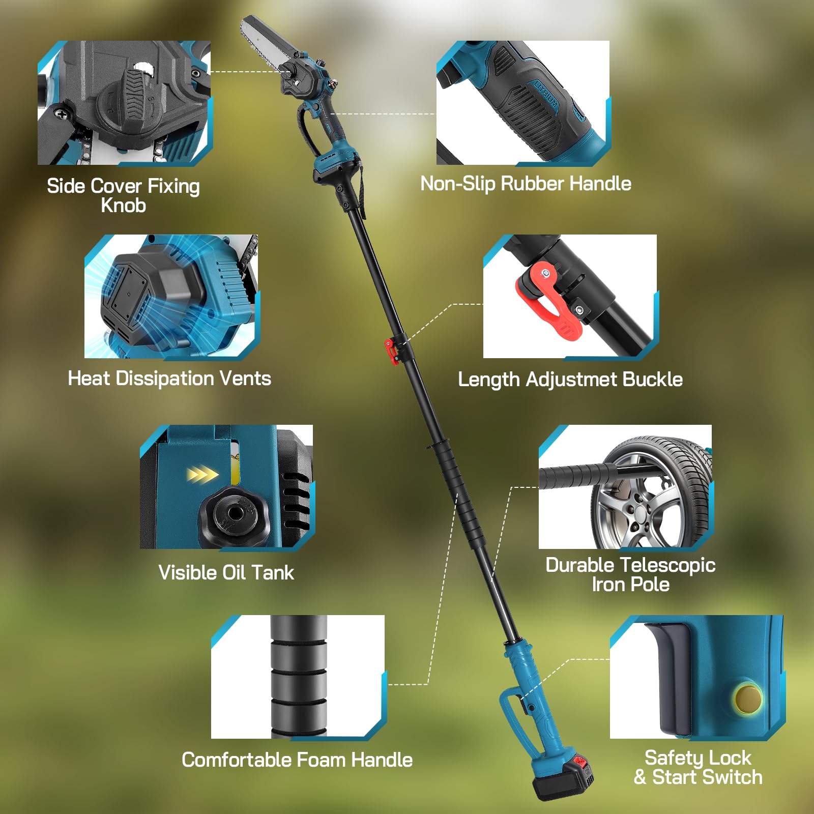 2 in 1 Motosierra Bateria con Pertiga, 950W Motosierra Electrica 31.000 RPM, Mini Motosierra Bateria con Pertiga Telescopica (1,5-2,1m), 2x 4,0Ah Baterias, 144 min, Lubricacion Auto