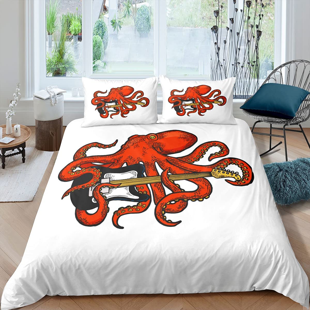Homemissing Boys Multi 1 Ocean Kraken Comforter Cover Octopus Tentacles Bedding Set For Girls Children Sea Marine Duvet Cover Music Funny White With 1 Pillowcase 2Pcs Bedding Single
