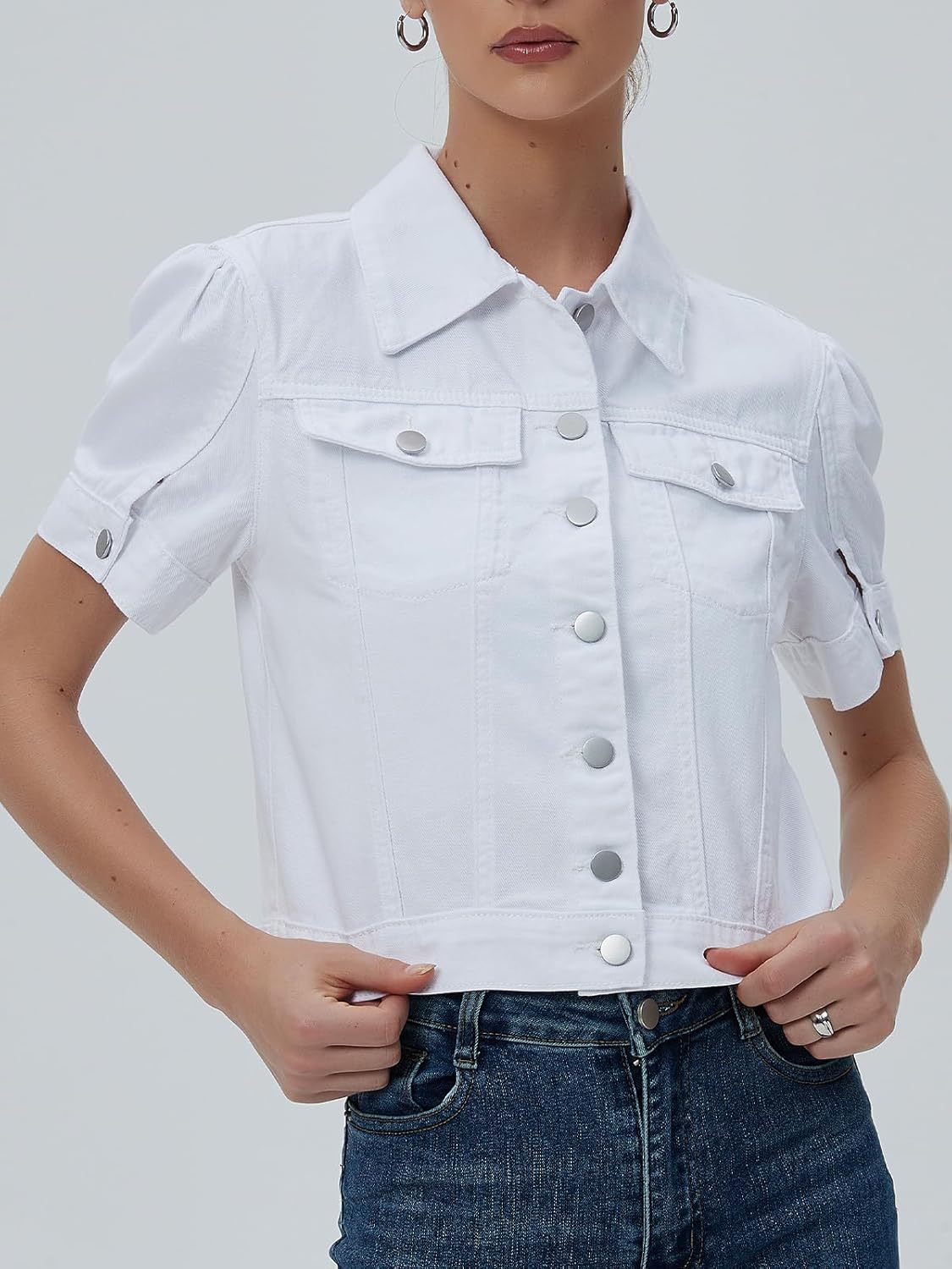 LifeShe Puff Short Sleeve Denim Jacket for Women Summer Cropped Jean Jacket Non-stretch Crop Coat - Image 6