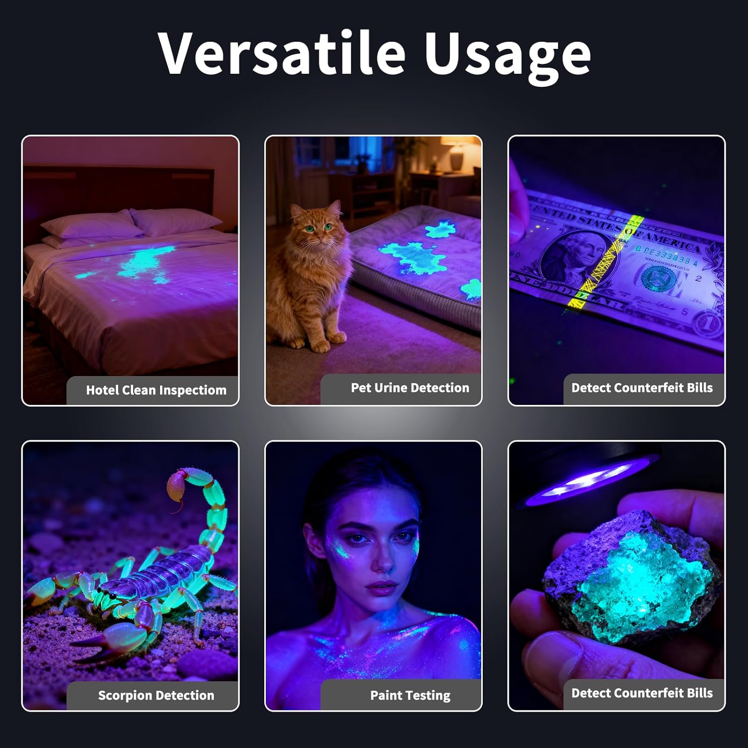 KunHe 5 Pack Rechargeable UV LED Flashlight Featuring 395nm Wavelength 3W Power Aluminum Alloy Construction IPX4 Water Resistance Detachable Double-Sided Clip and Compact Design
