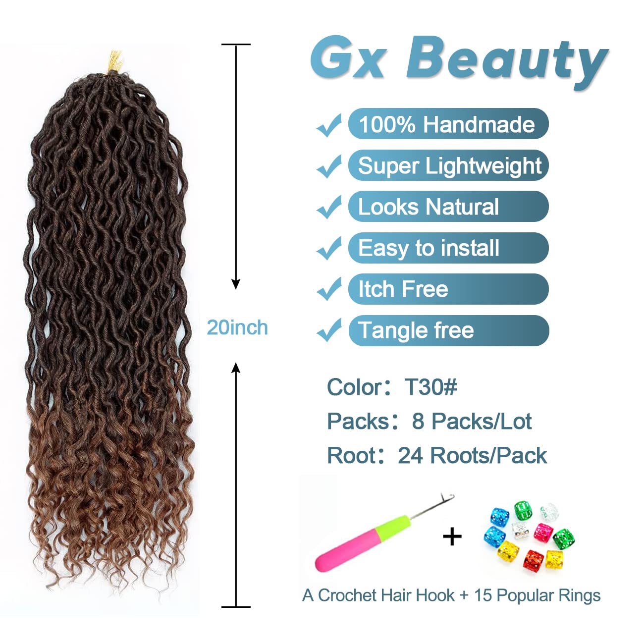 Goddess Locs Crochet Hair - 8 Packs 20 Inch Curly Locs Crochet Hair for Black Women, Crochet Pre-Looped Curly Hair Faux Locs Synthetic Braiding Hair Extensions (20 Inch, 8 Packs, T30#)