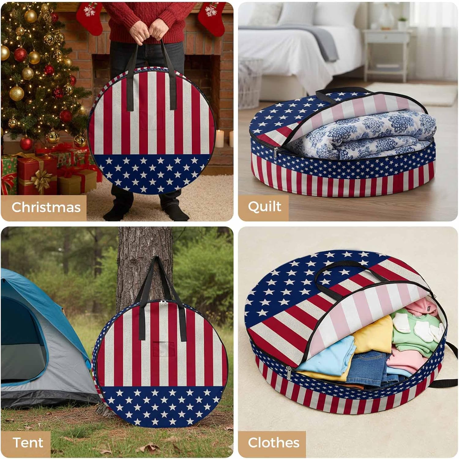 4th of July Round Storage Bag 24 Inch, Patriotic USA Flag Star Red Blue Stripes Retro Clothes Storage Container with Handles Heavy Duty Organizer for Comforter, Bedding & Holiday Wreaths