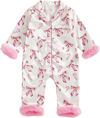 Baby Girl Christmas Pajamas Santa Jumpsuit Furry Trim Romper