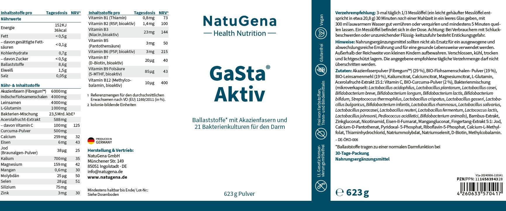 NatuGena GaSta Aktiv, glutenfreie Ballaststoffe (Akazienfaser),Flohsamenschalen, Leinsamen, Bakterien, Vitamine & Mineralstoffe, 623 g Pulver (1 Monats Packung)