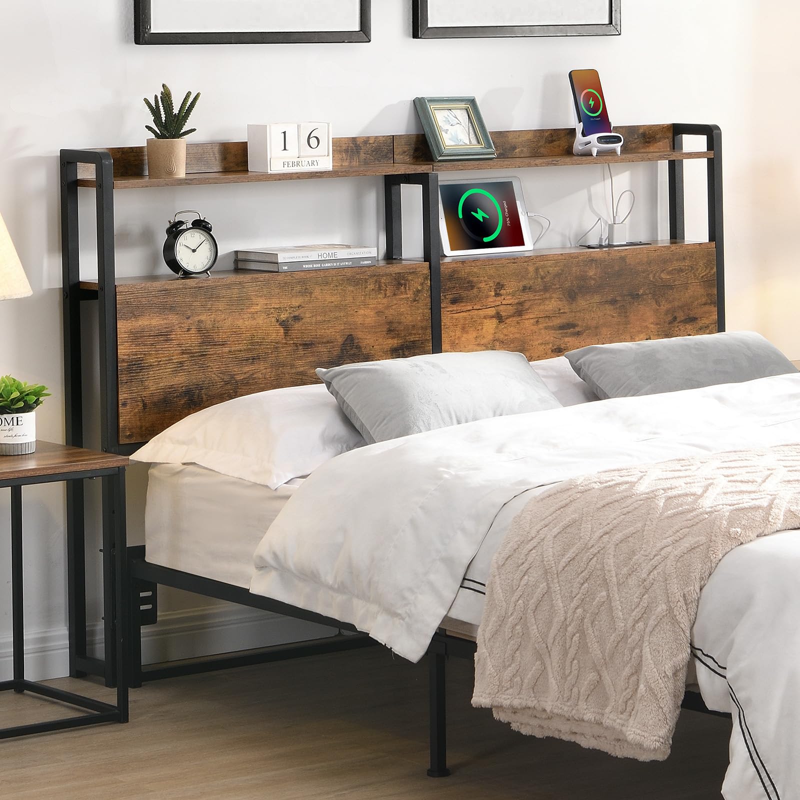 MWrouqfur Queen Headboard with Storage, Free Standing Headboard with LED Lights & Outlets, Adjustable Height, Rustic Brown (Queen)