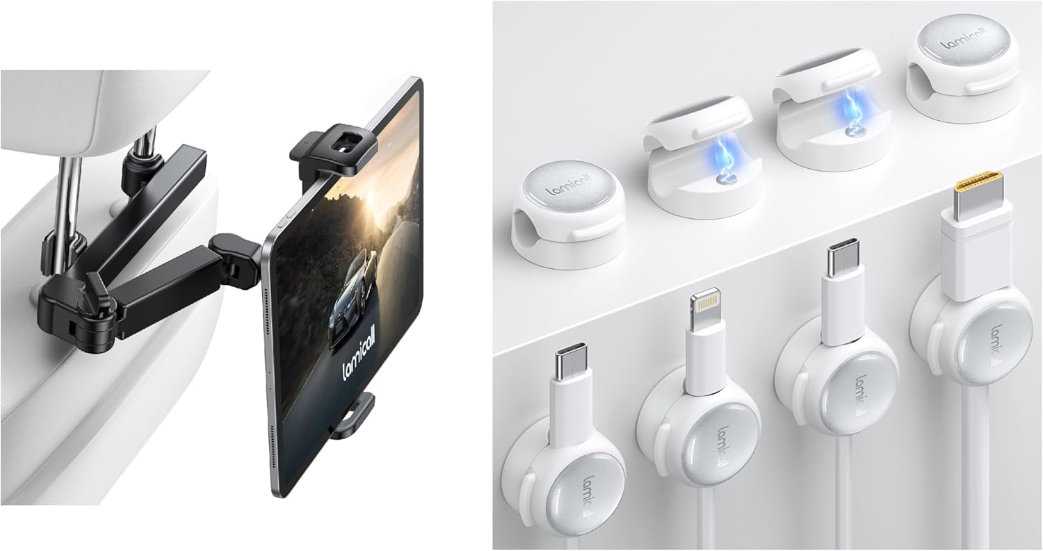 Lamicall Crystal-Clear Cable Clips & Car Headrest Tablet Holder