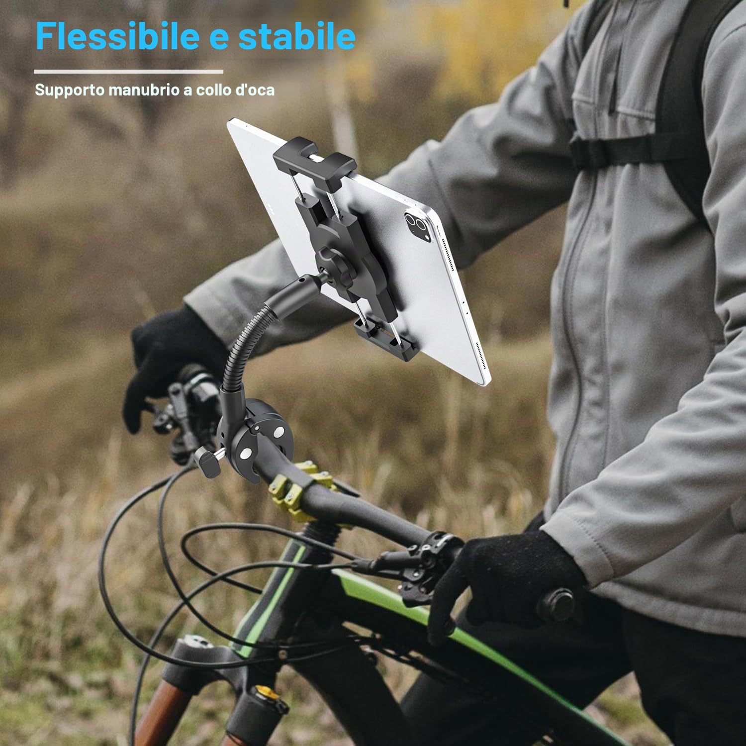 Supporto Tablet Manubrio Bici Passeggino - Braccio Metallico Flessibile | Porta Tablet Carrozzina Scooter Motocicletta Barca Cyclette per iPad Mini Air Pro, Galaxy, Kindle, Cellulare, 4-13"