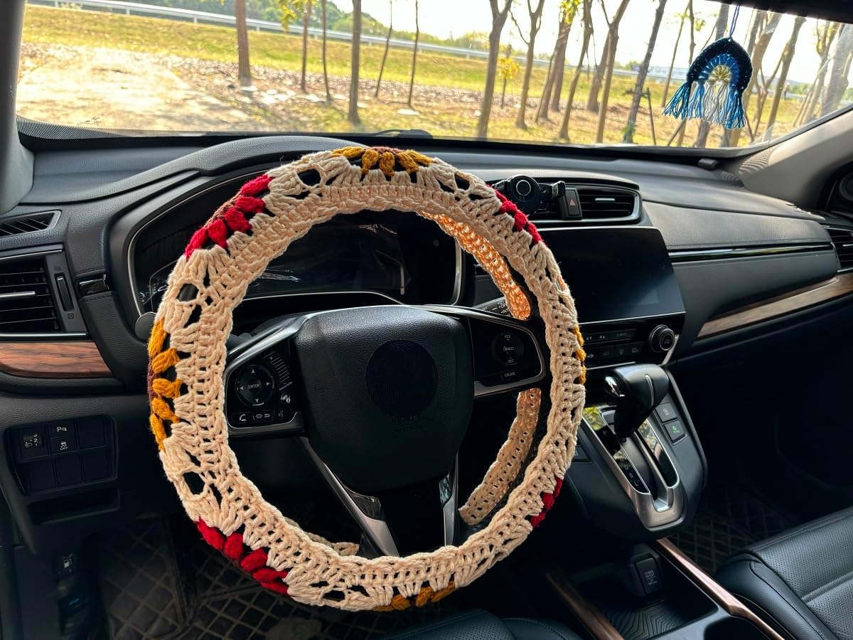 Crochet Sunflower Car Steering Wheel Cover,Flower Seatbelt Cover,Women Car Accessories (A,Wheel Cover+2 Belt Cover+Rainbow)