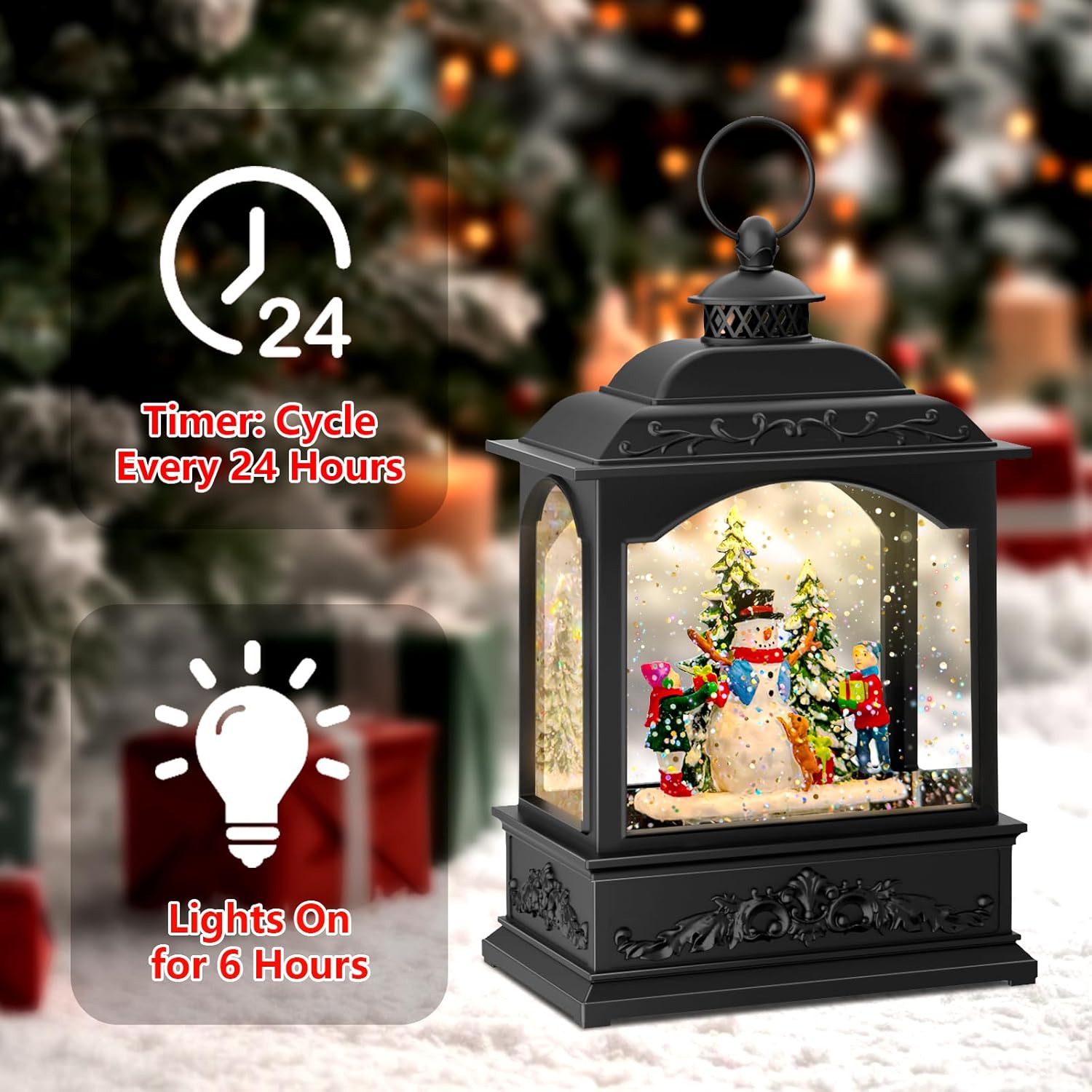 Christmas Snow Globe Lantern with Music & 6H Timer, Swirling Glitter Water Lantern with Snowman & Kids, USB or Battery Powered Holiday Decoration - Image 5