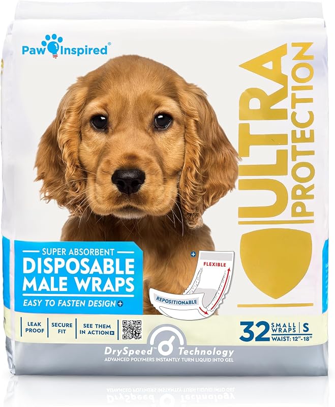 Fraldas Descartáveis para Cães Machos Paw Inspired, Tamanho Pequeno, Pacote com 32