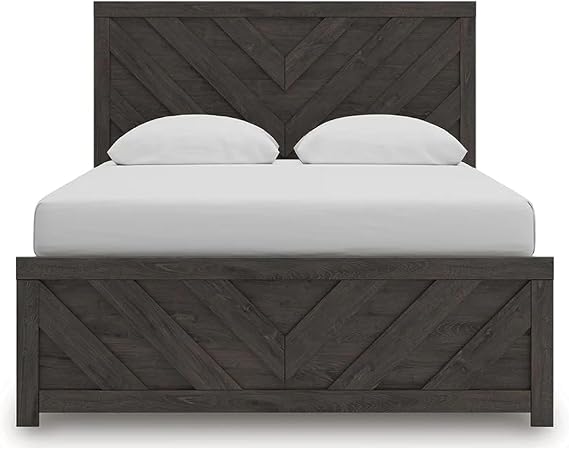 Benzara Peny Queen Size Bed, Chevron Pattern, Panel Headboard, Charcoal Black