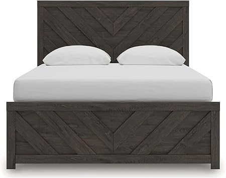 Benzara Peny Queen Size Bed, Chevron Pattern, Panel Headboard, Charcoal Black
