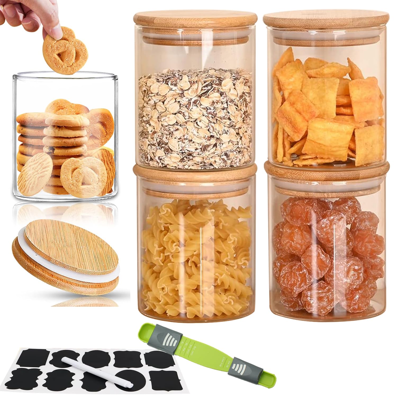 Tycom Glass Jars Set 8cm*10cm (4 Packs), Food Storage Containers for Kitchen, Spice jars With Labels, Marker and spoons, Wood Lid. (Round 4p)