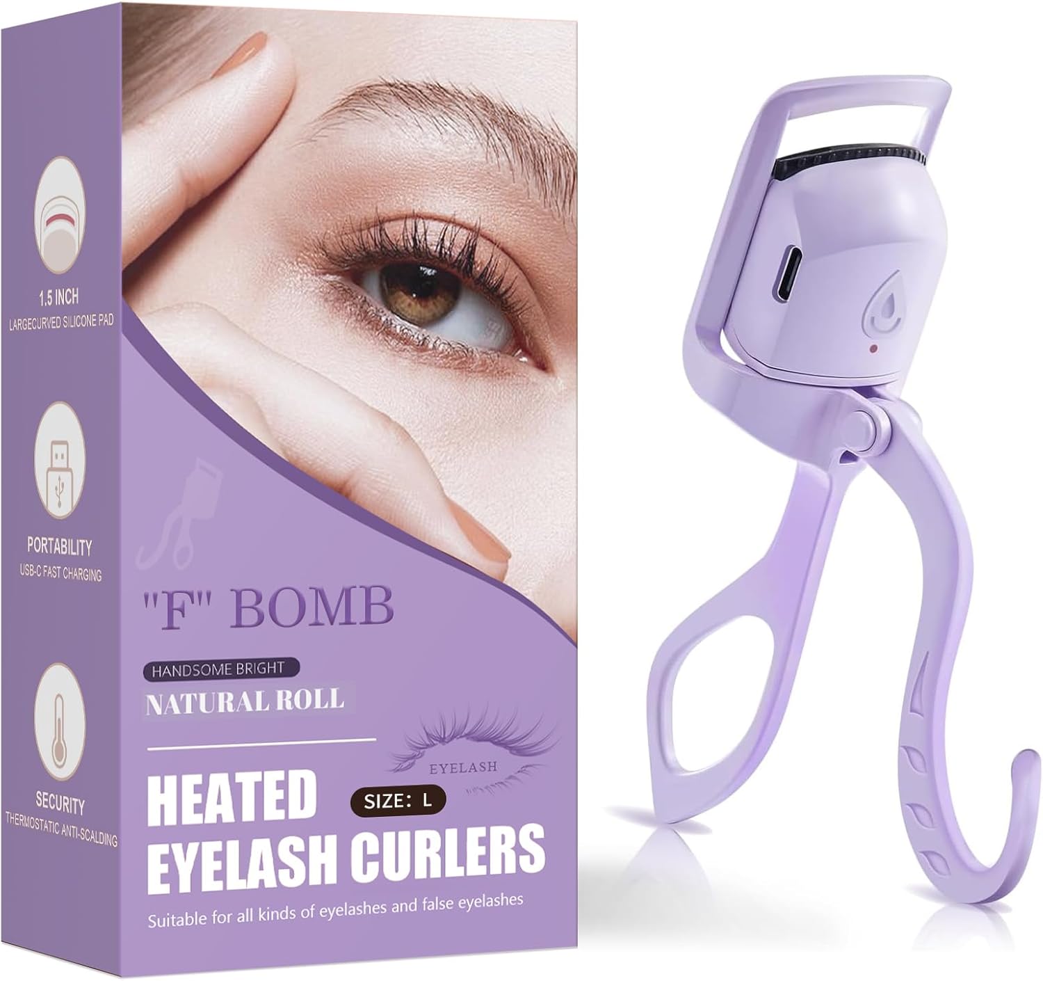 C-Shaped Heated Eyelash Curler Fast Heat Up in 5s - Rechargeable Electric Eyelash Curler for 24H Long Lasting Curls - Safe Anti-Burn Lash Curler Elevate Your Beauty with Stunning Lashes (Purple, L) - Amazon product rated Grade B