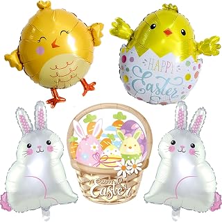 Easter Balloons Decorations Bunny Foil Balloon Happy Easter Flower Basket Egg Balloons Rabbit Chick Balloon for Bunny Birthday Party Decorations Supplies Kit-5 Pcs