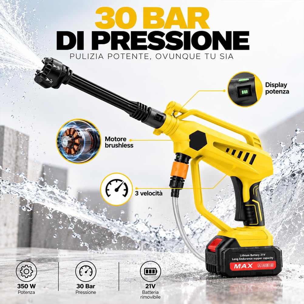 BAKAJI Idropulitrice Professionale ad Alta Pressione Potenza 350W 30 Bar con Borsa di Trasporto e Tantissimi Accessori, 3 Velocità Selezionabili, Ideale per Pulire Moto, Auto, Giardino, Balcone