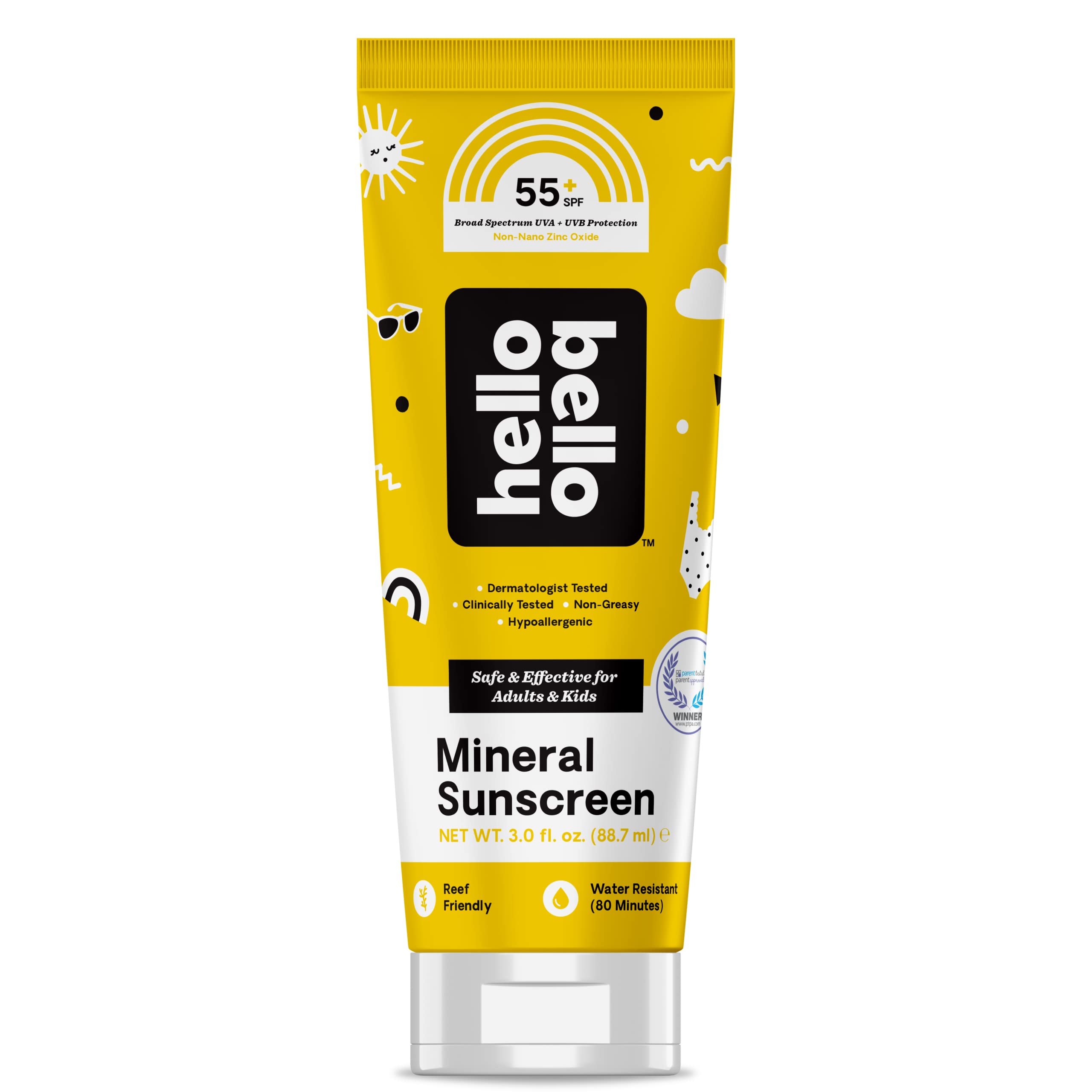 Hello Bello Sunscreen Mineral Lotion with Zinc Oxide - 55 SPF Broad Spectrum UVA/UVB Protection - Water Resistant, Hypoallergenic, Dermatologist & Clinically Tested - 3 Fl Oz (Pack of 1)