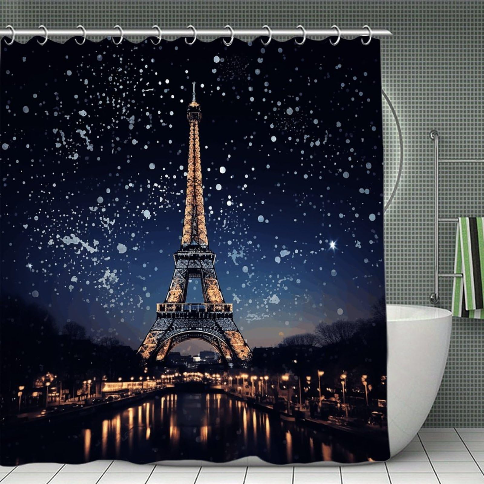 VstaDank Night Paris Eiffel Tower Bath Curtain Elegant Heavy Duty Shower Curtains 70x70 in Rustic Farmhouse Cloth Shower Curtains Neutral Modern Bath Curtain for Bathroom