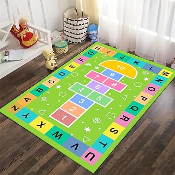 Kids Area Rug for Playroom,5x7ft,Alphabets Border and Number Geometry Pattern Floor Mat,Washable Soft Rug with Non-Slip Backing,for Childrens Study,Family Time,Childrens Room Decoration