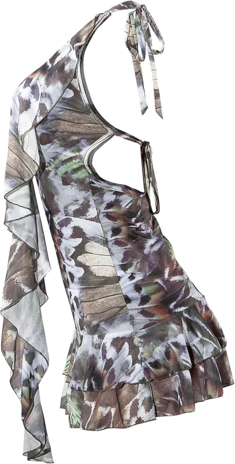 Women Sexy Halter Neck Backless Mini Dress Floral Ruffle Bodycon Short Party Mesh Dress Club Outfits - Image 3