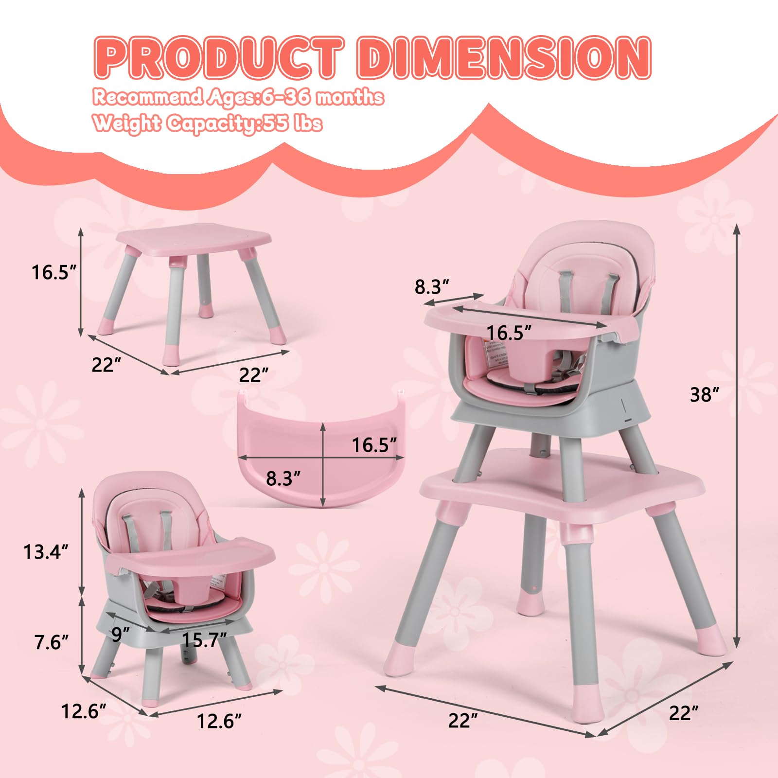 Kinder King 8 in 1 Baby High Chair, Coverts to Dining Booster Seat/Kids Table & Chair Set/Toddler Building Block Table/Kids Stool, Removable Tray & Double Seat Cover, Easy to Wipe, Grey & Pink
