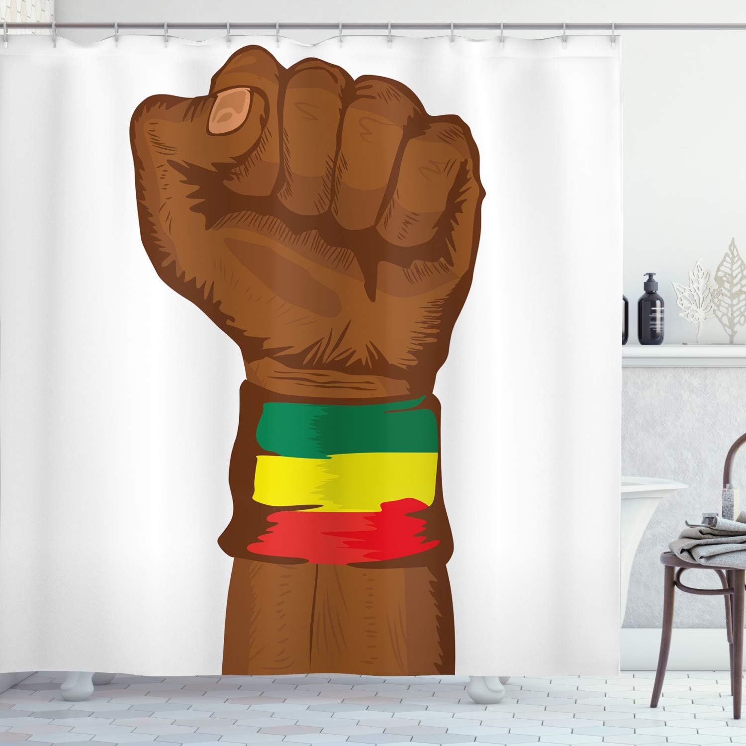 Ambesonne Rasta Shower Curtain, Ethiopian Rebellion Wrist Flag Colors Art Print, Cloth Fabric Bathroom Decor Set with Hooks, 69" W x 75" L, Yellow Brown