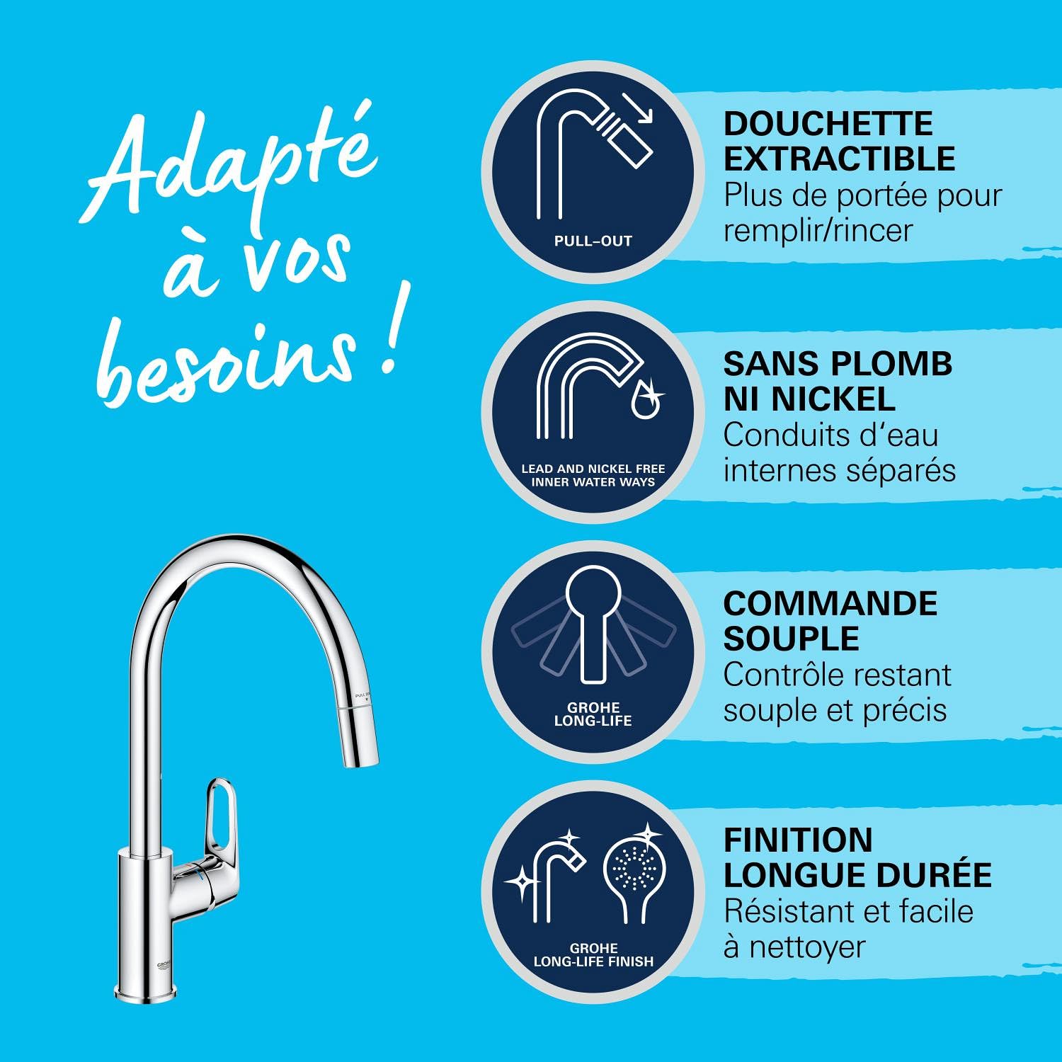 GROHE Start Flow Robinet de Cuisine, Mitigeur Monocommande Evier, Mousseur Extractible, Bec Haut, Zone de Rotation 360°, Chromé, 30569000