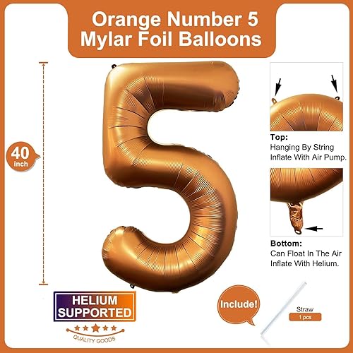 Miniatura 2 de Lovoir Globo naranja número 5 de 40 pulgadas, tamaño grande, de papel de aluminio de mylar de aluminio de mylar amarillo azafrán para 5 tema