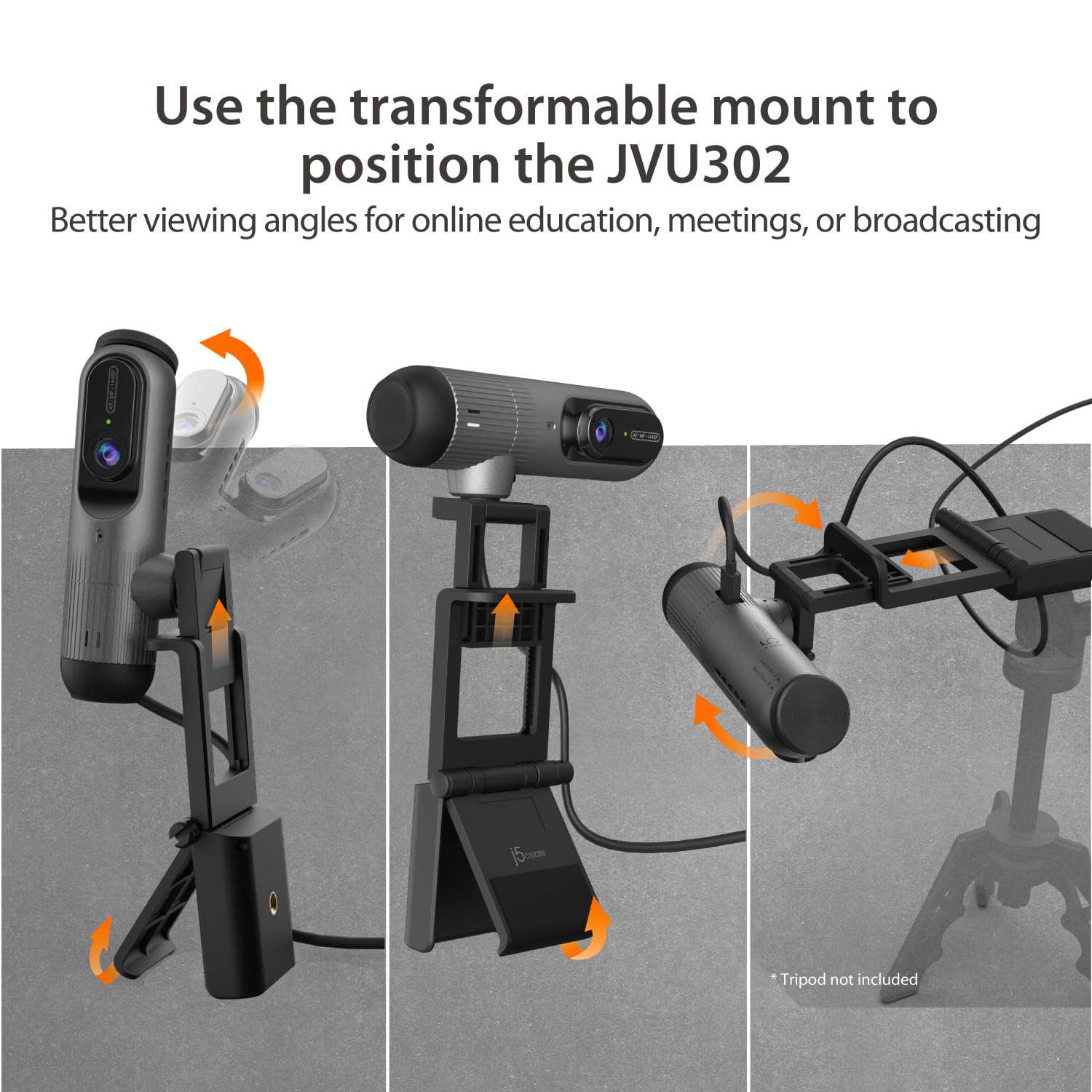 j5create Cámara Web 2K a 60 FPS con Encuadre por IA, Enfoque automático, micrófono de Alta fidelidad, Cubierta de privacidad y Soporte Extensible, Compatible con Zoom/Teams/Meet (JVU302)