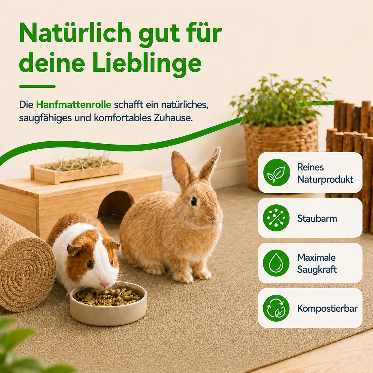 2X Hanfmatten Rolle 0,5m x 5m x 0,5cm für Kleintiere