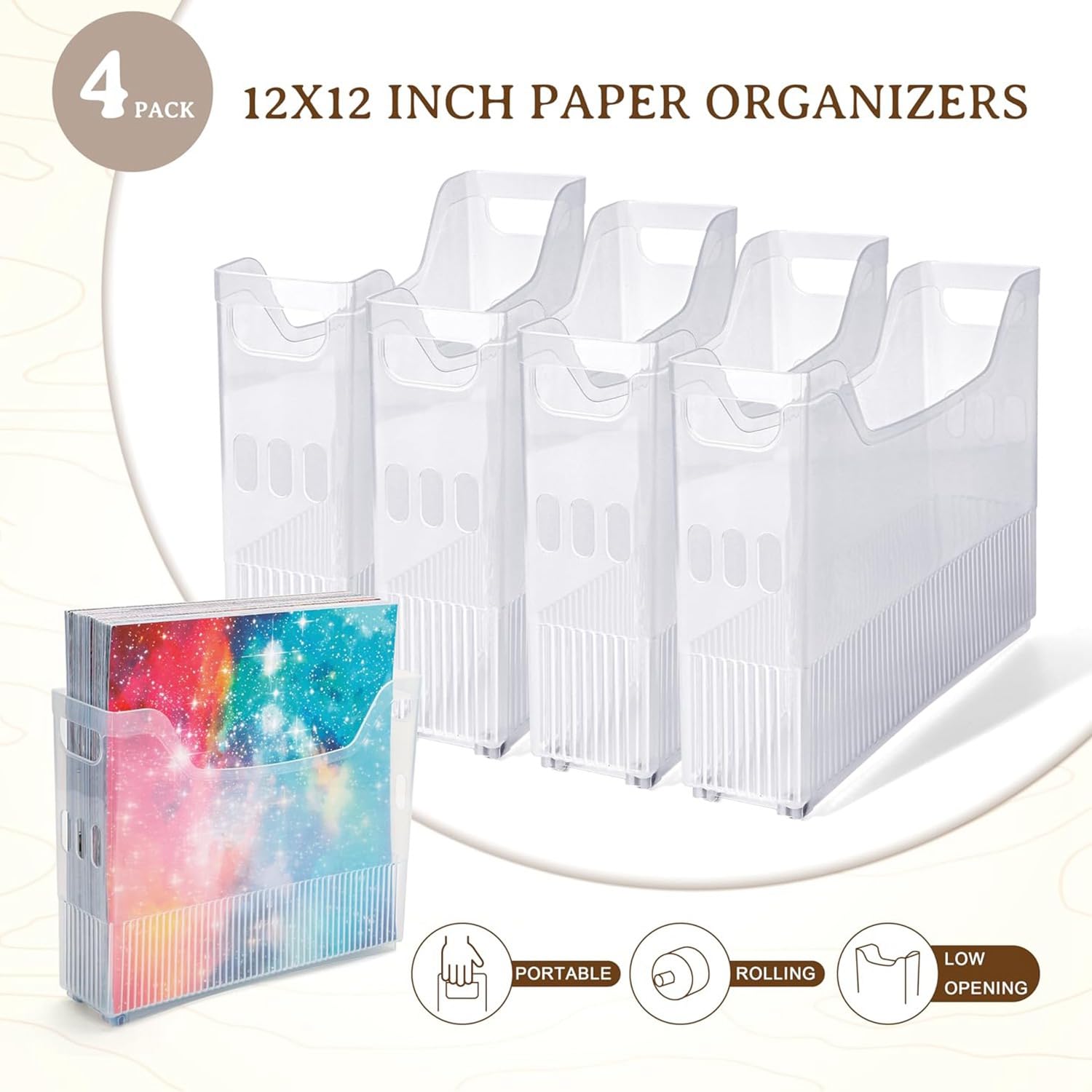 4x Pojemnik na Papier do Scrapbookingu z Kółkami, Plastikowy Pojemnik do Przechowywania Notatnika do Przechowywania Papieru O Wymiarach 12 X 12, Trwały Papier do Scrapbookingu