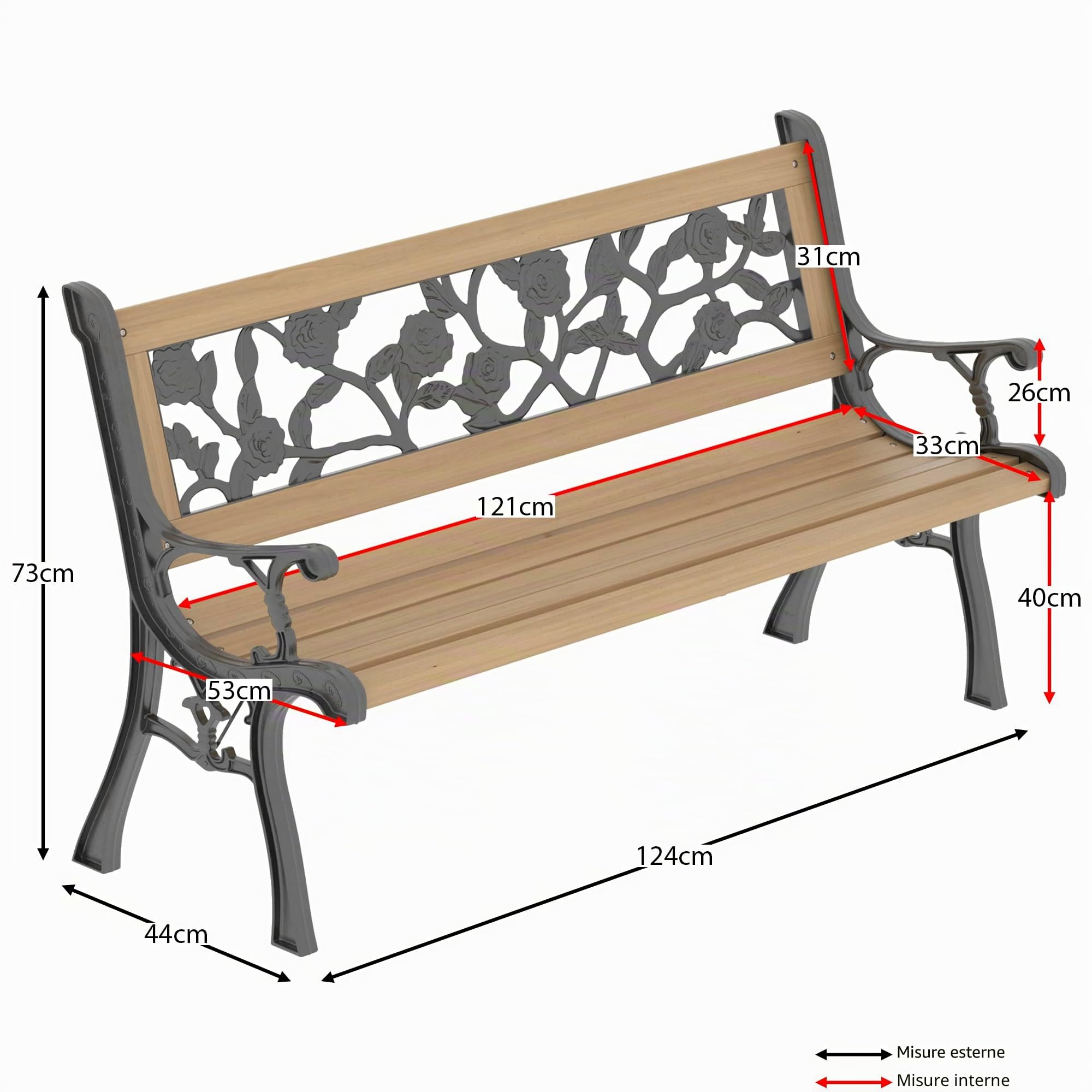 Garden Vida Panchina da Giardino, Rose Style Design Outdoor Furniture Seating Doghe in Legno Gambe in Ghisa Parco Patio a 3 Posti