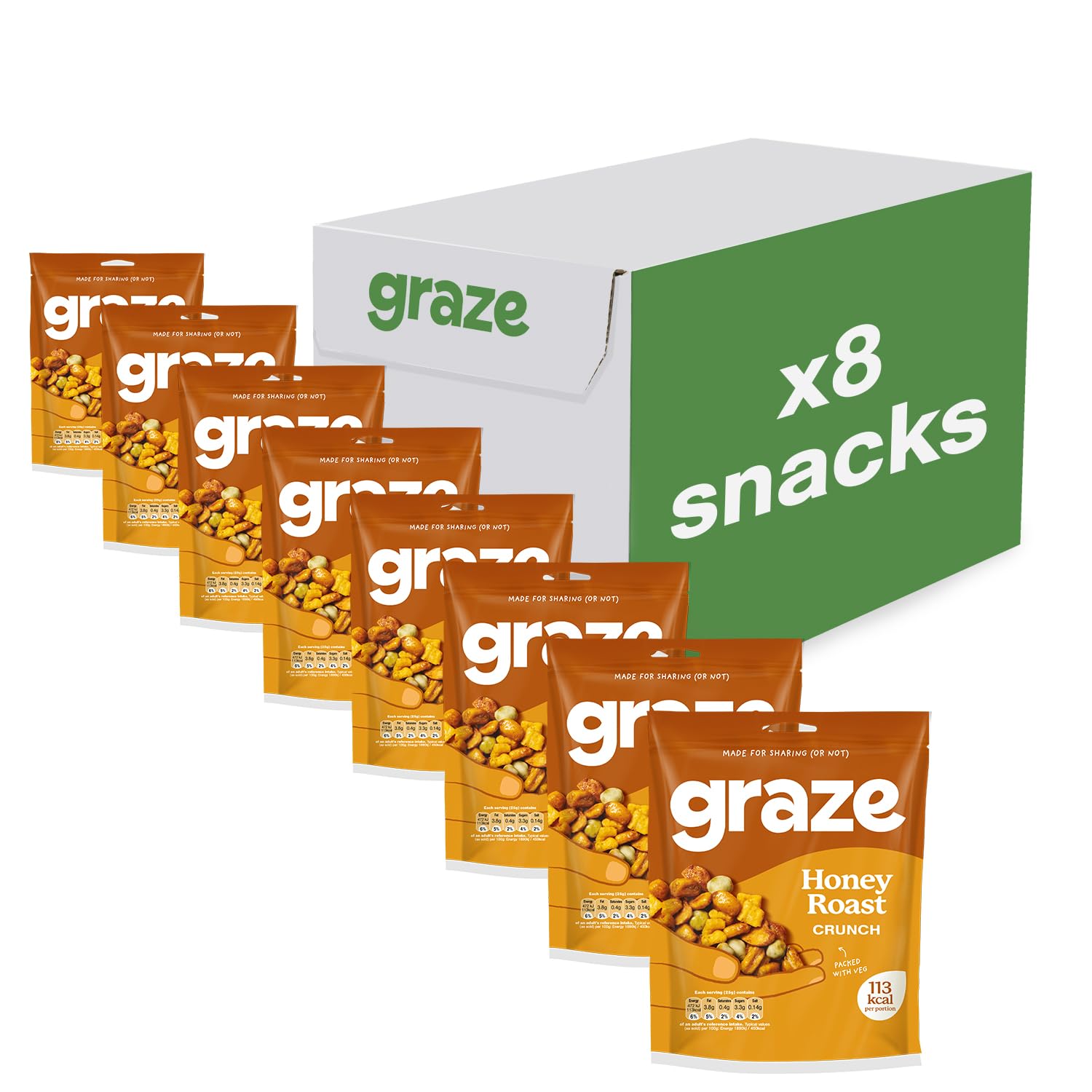 Graze - Honey Roast Crunch Snacks - Healthy Alternative for Crisps, Mixed Nuts & Pretzels -Ideal if you Love Corn, Broad beans and Corn hoops mixed Savoury Snacks (8x100g pack)