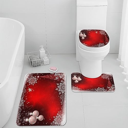 ArtSocket Juego de 3 alfombras y tapetes de baño de Navidad, diseño de copos de nieve de árbol rojo de Navidad, antideslizantes, absorbentes de