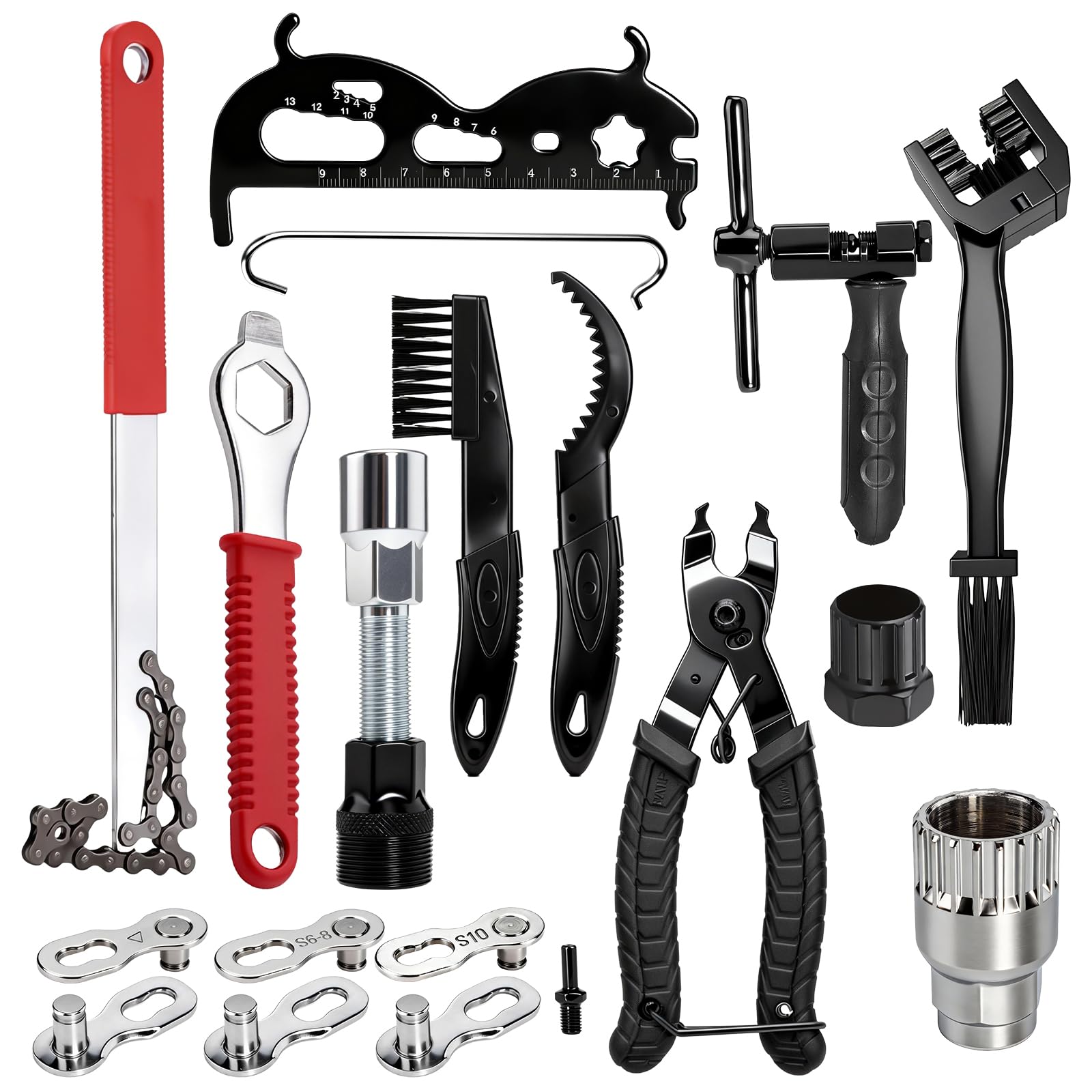 16PCS Bike Chain Tool Sets with Bike Chain Tool, Crank Cassette Removal Tool, Chain Whip, Bicycle Cleaning KitSpoke Wrench, Flywheel Sprocket Remover for Road Mountain Bike 6-12 Speed Chain