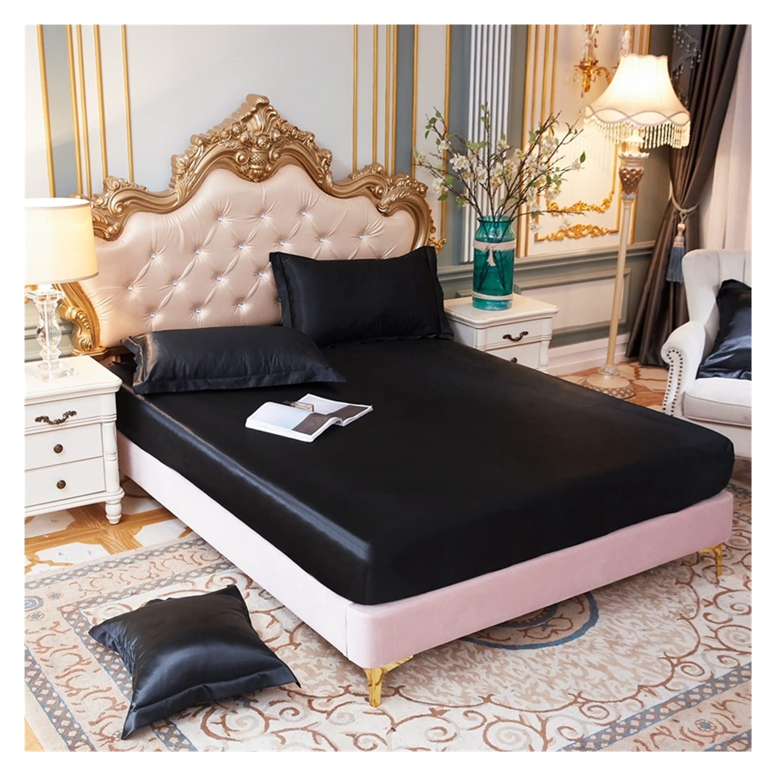 Parure de soie et drap housse satin rayonne couleur unie noire pour matelas 160x200