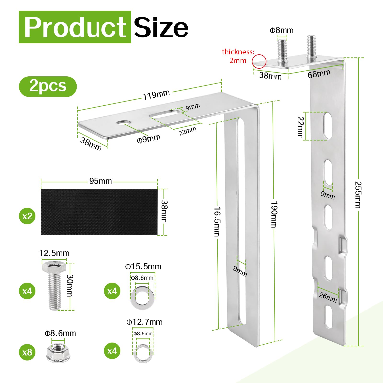 2x Crochets de fixation pour panneaux solaires, Support de balcon réglable 6–18 cm en acier inoxydable 304 Support avec vis pour balcon photovoltaïque, garde-corps carrés/ronds (sans perçage)
