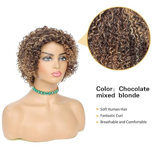 Miniatura 3 de Pelucas de cabello humano corto y rizado para mujeres negras, 10 pulgadas, peluca de cabello humano brasileño rizado, parte lateral profunda, corte