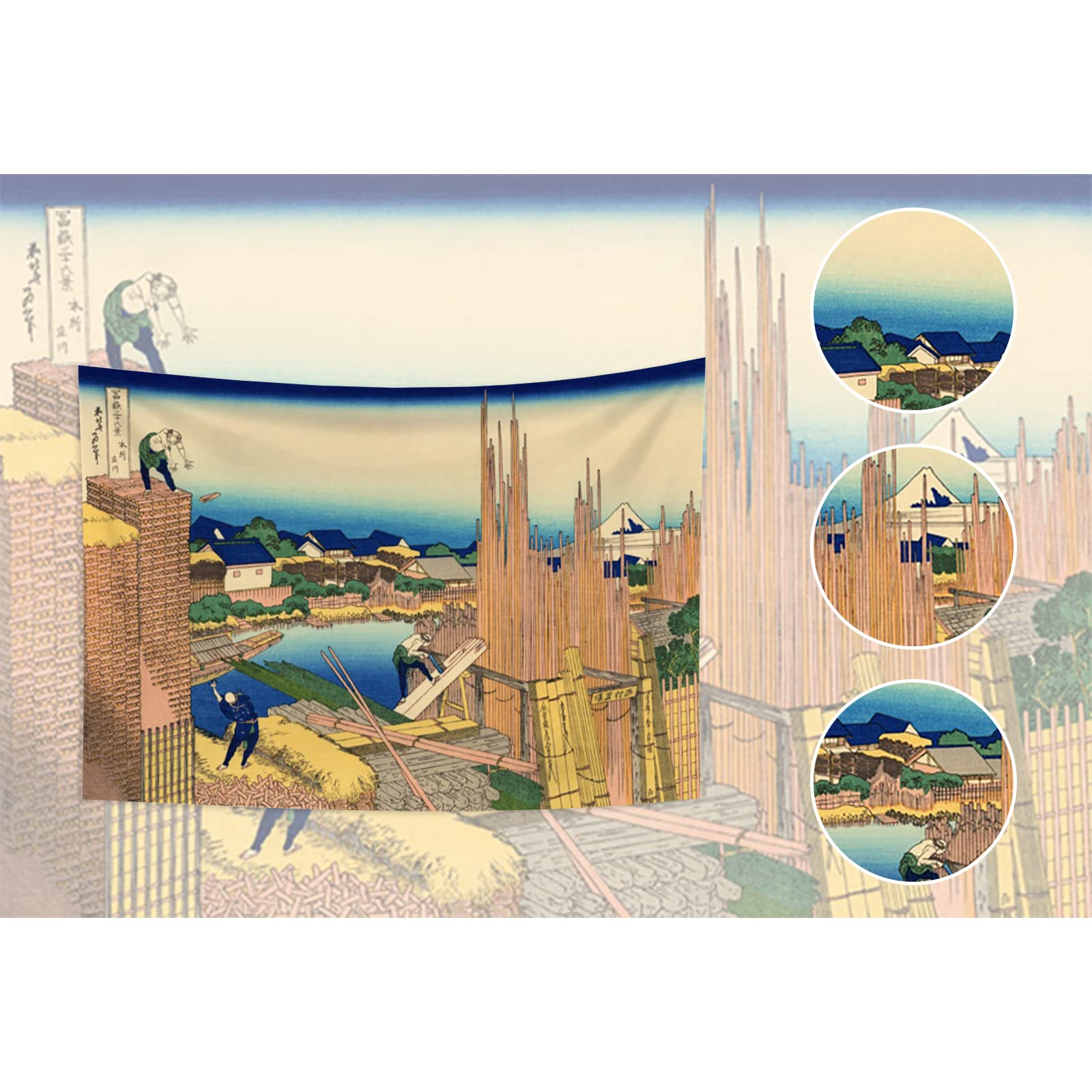 Arazzo Giapponese YongFoto 150x130cm - La Grande Onda Di Kanagawa, Stile Ukiyo-e, Per Decorazione Murale - Foto 3